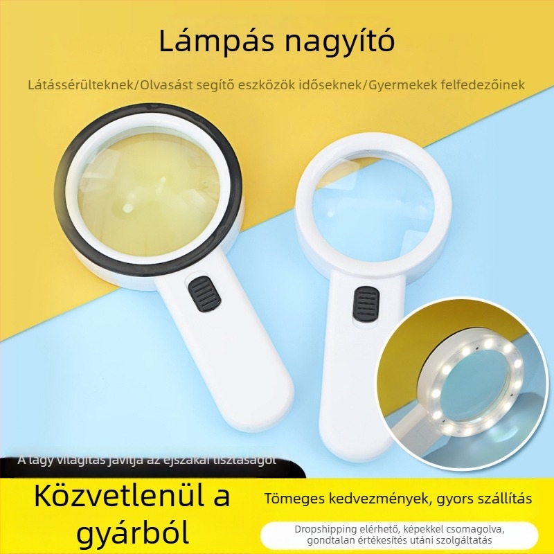 Kézi nagyító világítással, ABS ház és üveglencsével, nagy felbontású nagyítás antikgyűjteményekhez és olvasáshoz