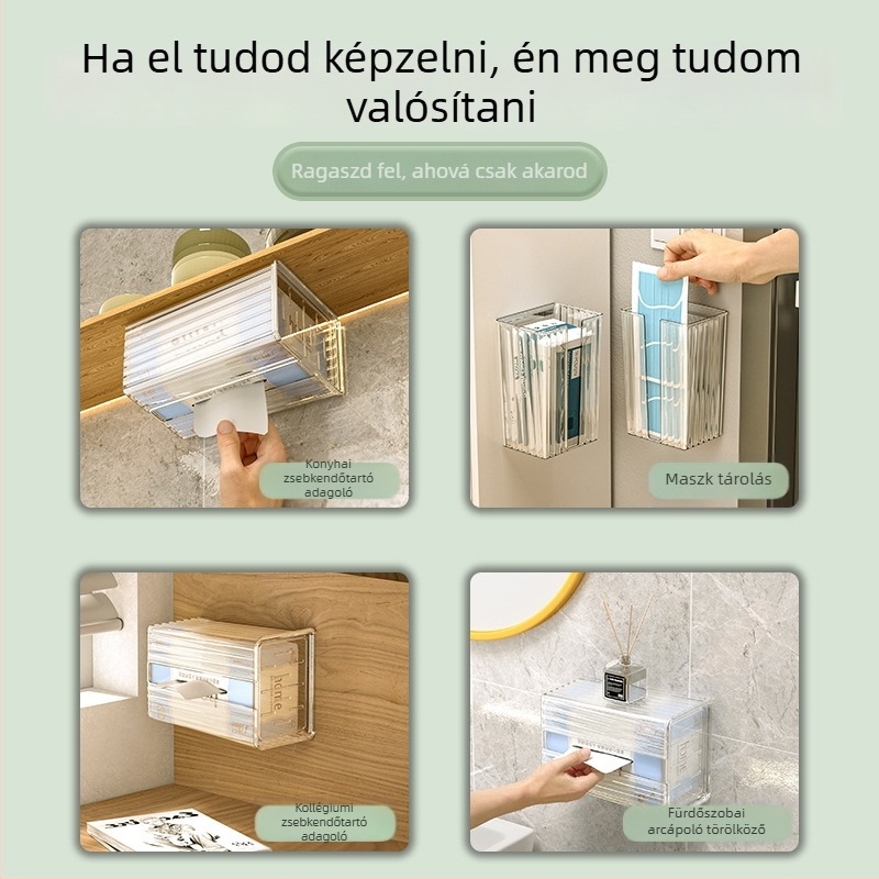 Falihoz szerelhető zsebkendő-doboz és törölközőtartó fürdőszobába és konyhába, fúrás nélkül, fordított papírtartó doboz