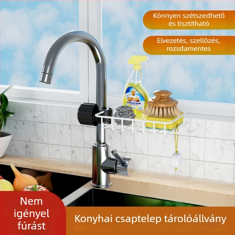 Konyhai mosogatótálca szervező állvány szivacs- és törlőkendő tartóval, lefolyó állvány