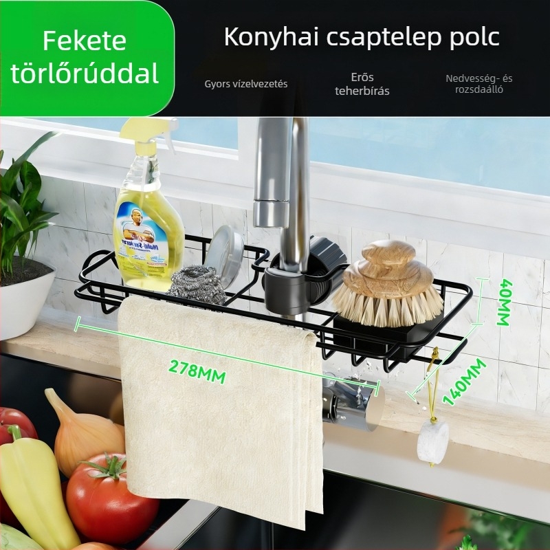 Konyhai mosogatótálca szervező állvány szivacs- és törlőkendő tartóval, lefolyó állvány