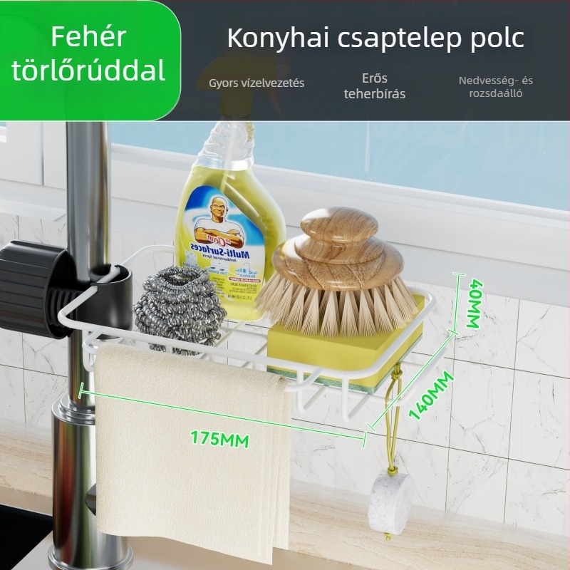 Konyhai mosogatótálca szervező állvány szivacs- és törlőkendő tartóval, lefolyó állvány