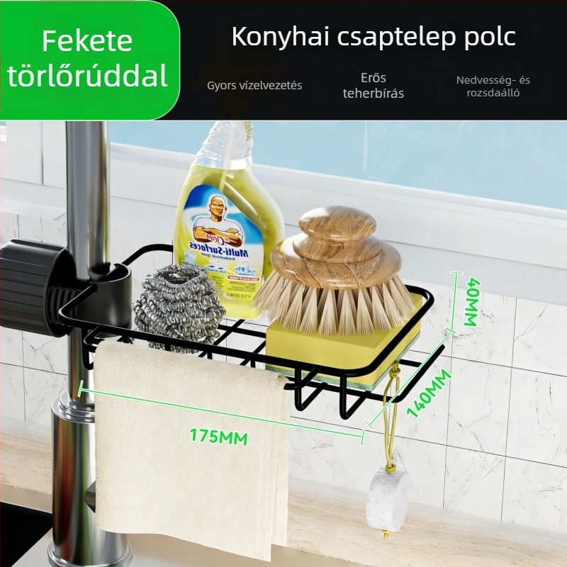 Konyhai mosogatótálca szervező állvány szivacs- és törlőkendő tartóval, lefolyó állvány