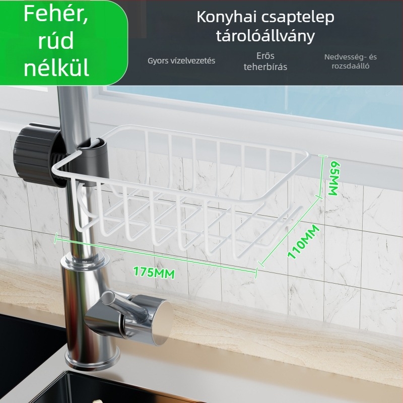 Konyhai mosogatótálca szervező állvány szivacs- és törlőkendő tartóval, lefolyó állvány
