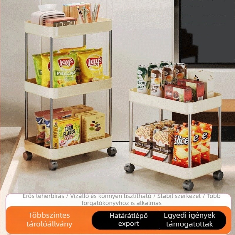 Háromszintes padlóra álló tárolóállvány a nappali és a fürdőszoba számára, mozgatható uzsonnás kocsi