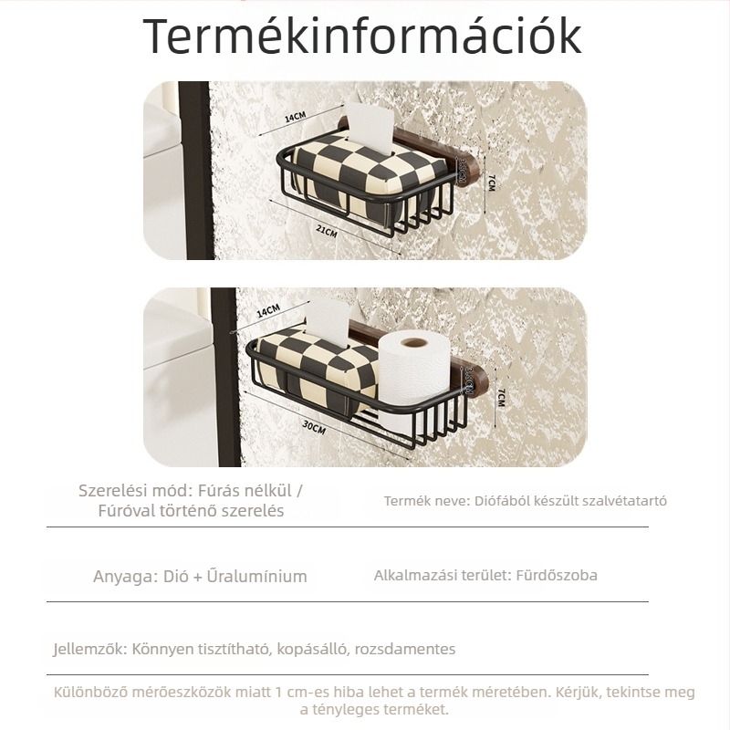 Diófából készült falra szerelhető fürdőszobai vécépapír tartó