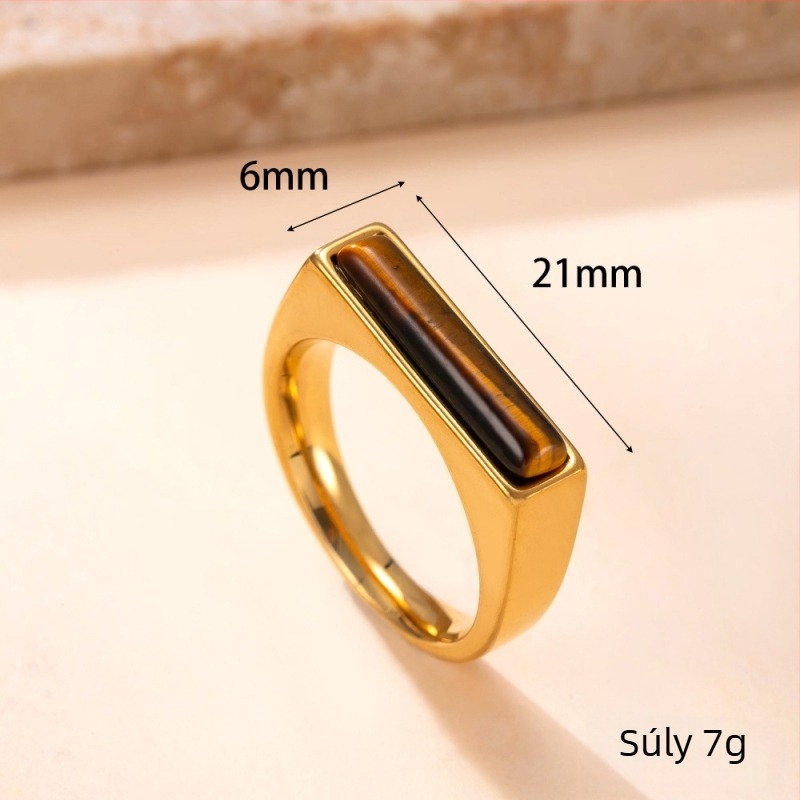Rozsdamentes acélból készült gyűrű, téglalap alakú, természetes kővel, minimalist stílusú párgyűrű