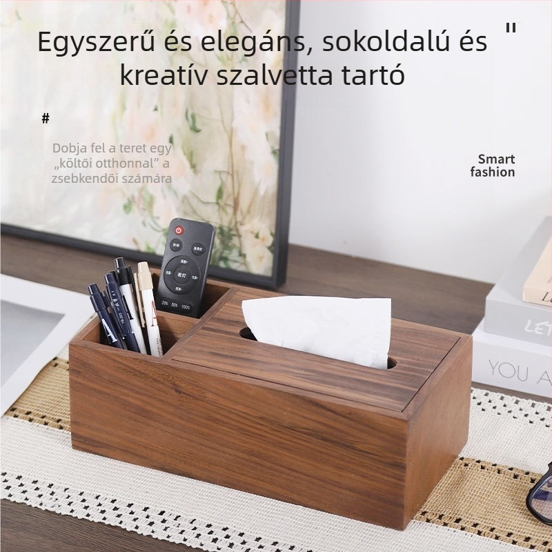 Fából készült zsebkendő-tartó doboz, fekete diófa, irodába és otthonra, nappaliba