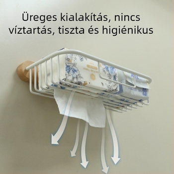Fából készült fürdőszobai szervező, falra szerelhető, törölközőtartóval, vécépapír-tartóval és papírzsebkendő tartóval, fúrás nélkül
