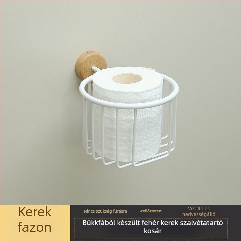 Fából készült fürdőszobai szervező, falra szerelhető, törölközőtartóval, vécépapír-tartóval és papírzsebkendő tartóval, fúrás nélkül