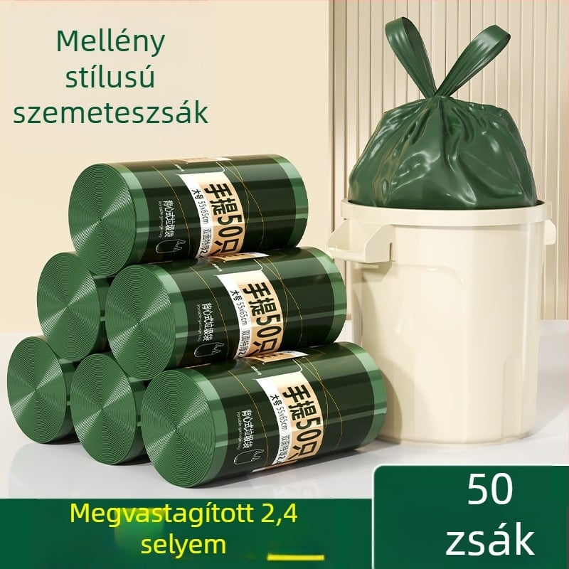 Fekete háztartási extra vastag mellény-stílusú szemeteszsákok, közepes és nagy méretben, konyhai használatra.