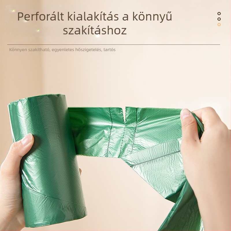 Fekete háztartási extra vastag mellény-stílusú szemeteszsákok, közepes és nagy méretben, konyhai használatra.
