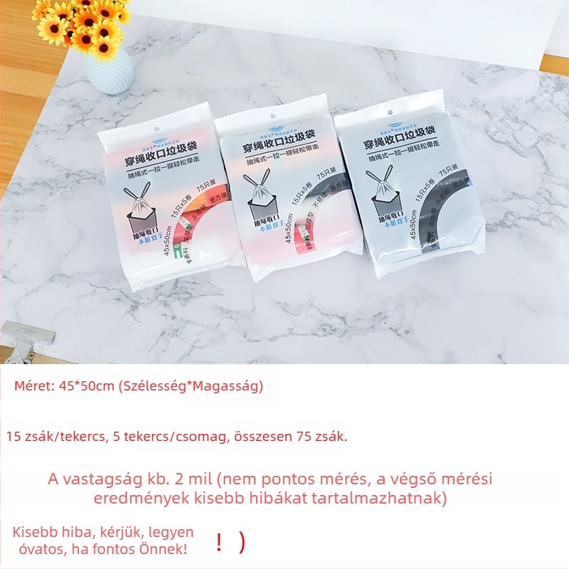 Húzós zsinóros szemeteszsák háztartási használatra, PE anyagból, nagy méret, egyszer használatos
