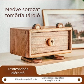 Eredeti karikatúra medvés tömörfa zsebkendő tartó, elegáns fa tároló doboz fiókkal ékszerekhez