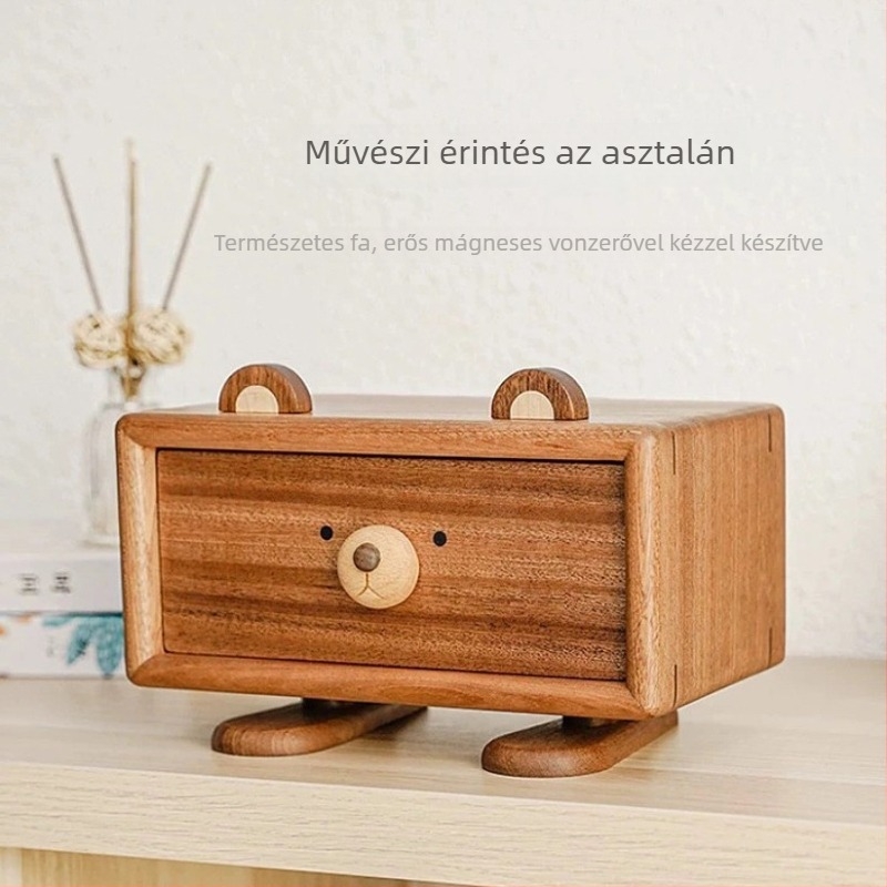 Eredeti karikatúra medvés tömörfa zsebkendő tartó, elegáns fa tároló doboz fiókkal ékszerekhez