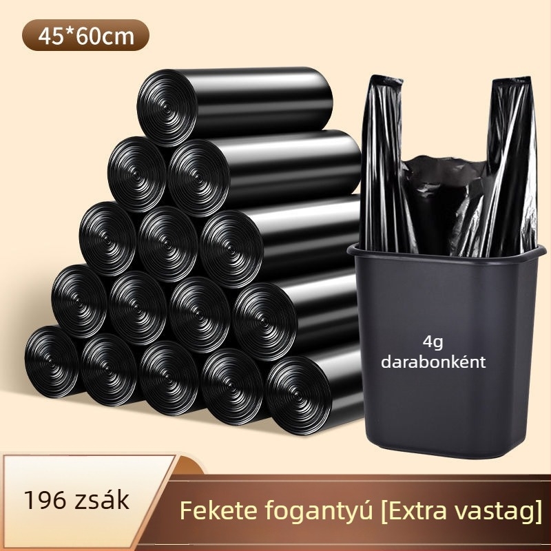 Fekete vastagított konyhai szemeteszsákok fogantyúval, közepes–nagy méret, háztartási használatra