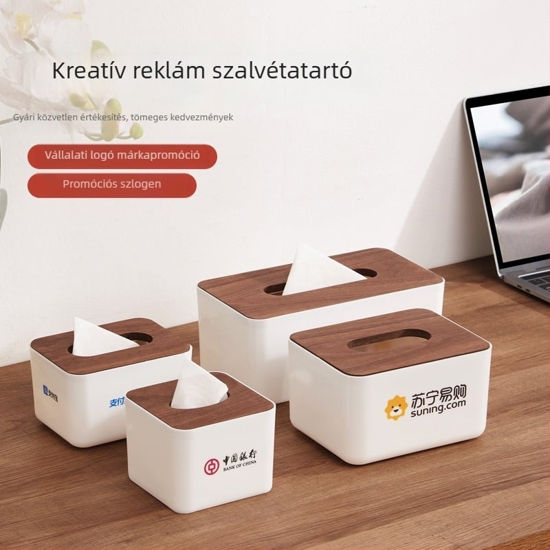 Diófedelű műanyag zsebkendő-tartó étterem és nappali számára, egyedi logó nyomtatással