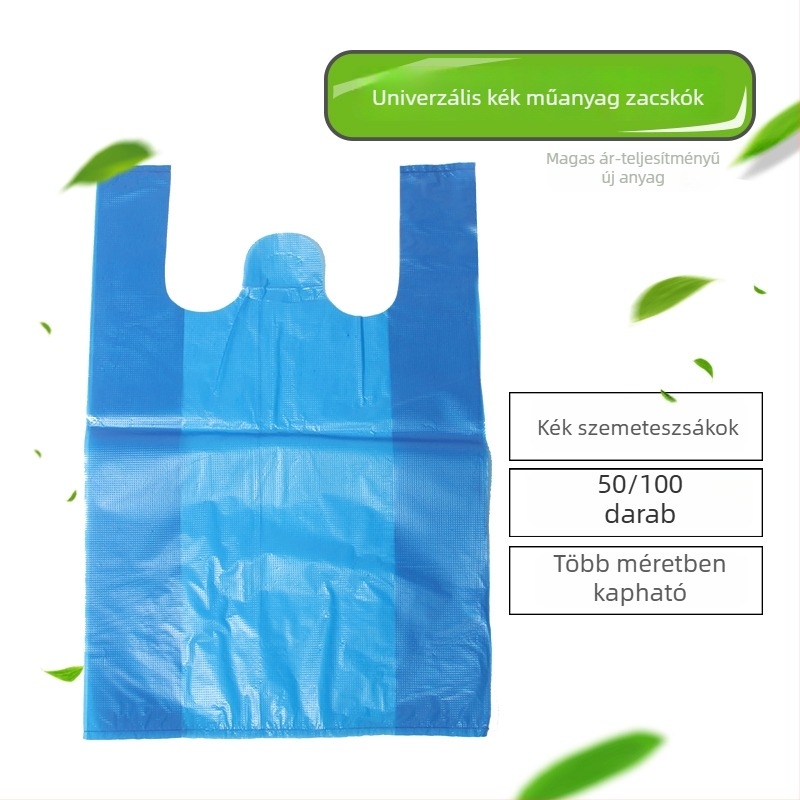 Kék mellény-stílusú szemeteszacskók, vastagított, közepes és nagy méretben, otthonra, szállodába és irodába.