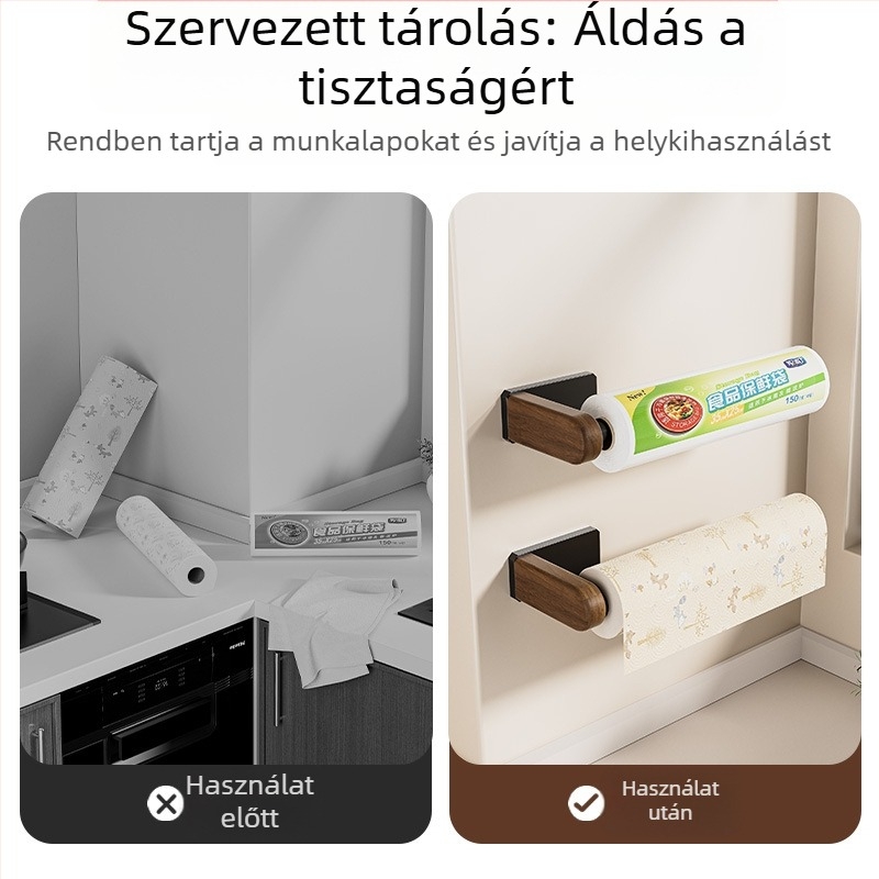 Diófából készült konyhai papírtörlő tartó, fúrás nélküli, beépíthető szekrénybe, papírtörlő tekercs rendezése és fólia tárolása