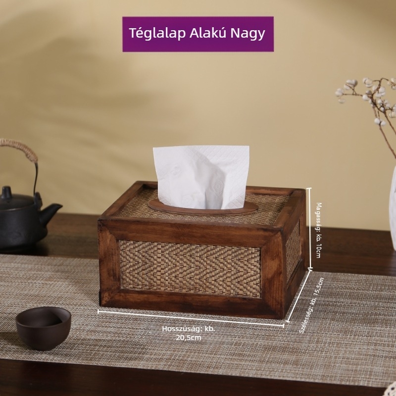 Fából készült zsebkendő-doboz nappalira, zen stílusú, kínai stílusú, rattan hatású