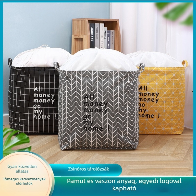 Összecsukható textil tárolótáska ruhákhoz, piszkos ruhákhoz és takaróhoz, nedvességálló húzózsinórral