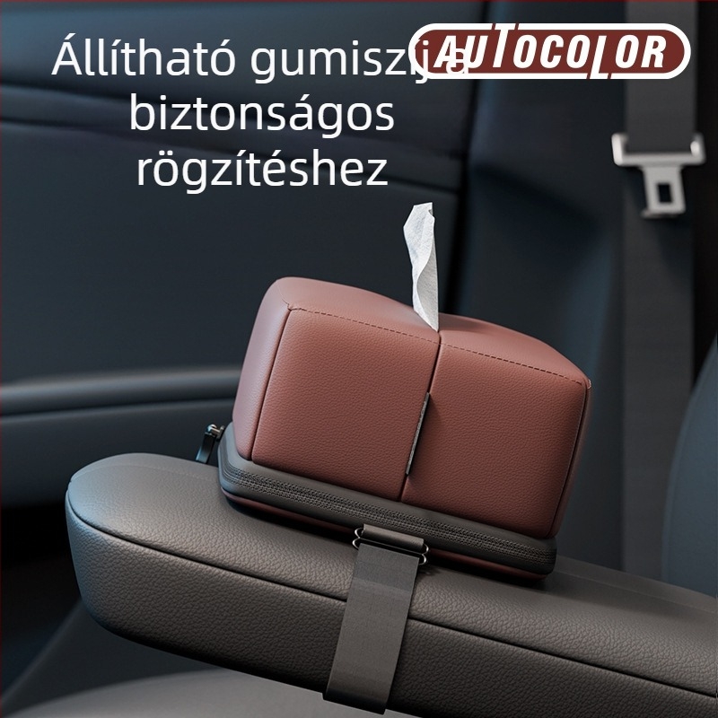 Bőr autó törlőkendő doboz, függő kartámasz‑tárolóval a hátsó üléshez – multifunkcionális zsepi tartó