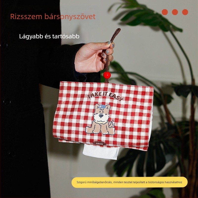 Édes karikatúrás kölyökkutya mintás papírtörlő tasak, rizsbársony anyagból, akasztóval, nagy kapacitású az autó belsejében