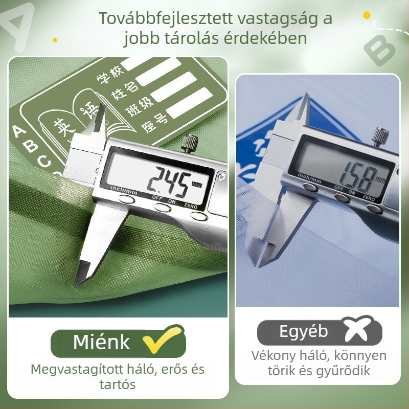 Nagy kapacitású tantárgy- és dokumentumtáskák átlátszó hálóval, vizsgadolgozatok és a tanulás rendezésére.