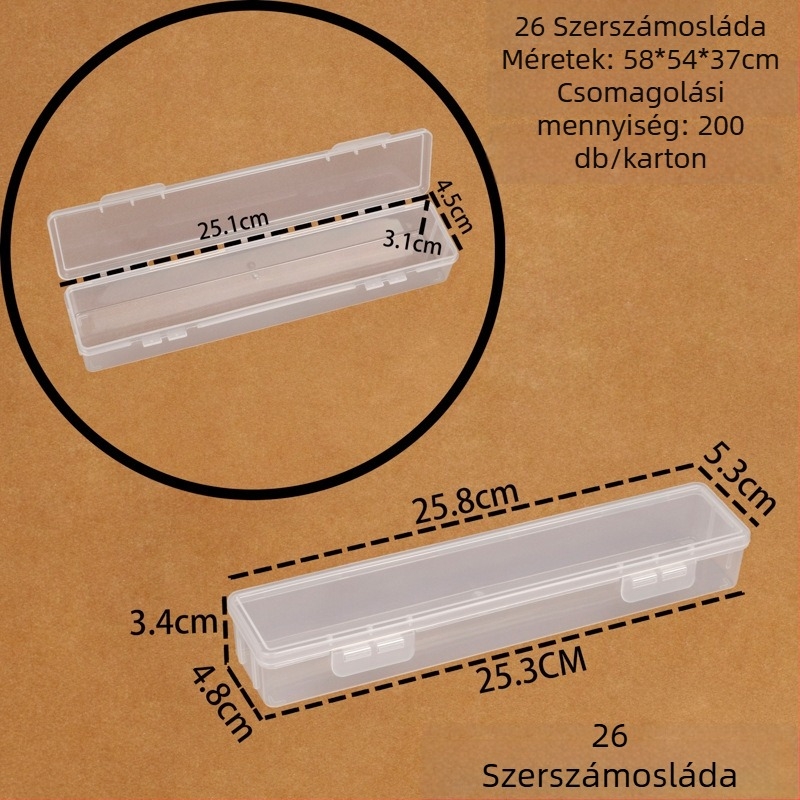 Hosszúkás PP műanyag tárolóedény lehajtható fedéllel elektronikai alkatrészekhez, pótalkatrészekhez és ecsetekhez