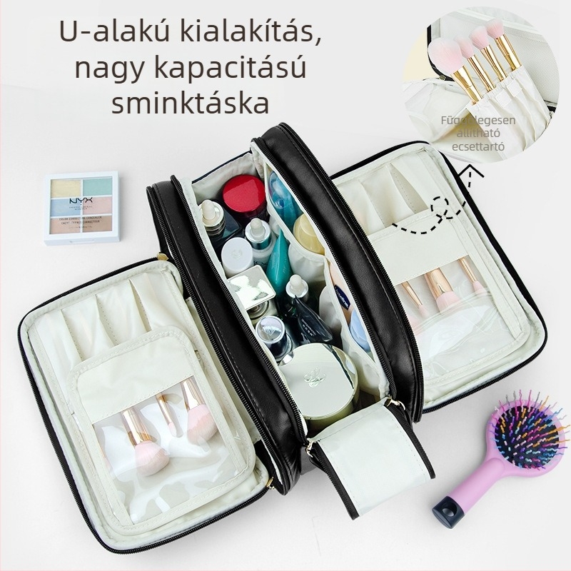 PU bőrtáska sminkhez, kétoldalúan nyíló, ecsetkészlettel, rendezett rekeszekkel, 2026-os új modell