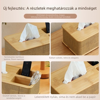 Moderne minimalist bambusz zsebkendő tartó távirányítóval, asztali vagy éjjeli szekrényhez, rugóval működő kinyitó mechanizmus