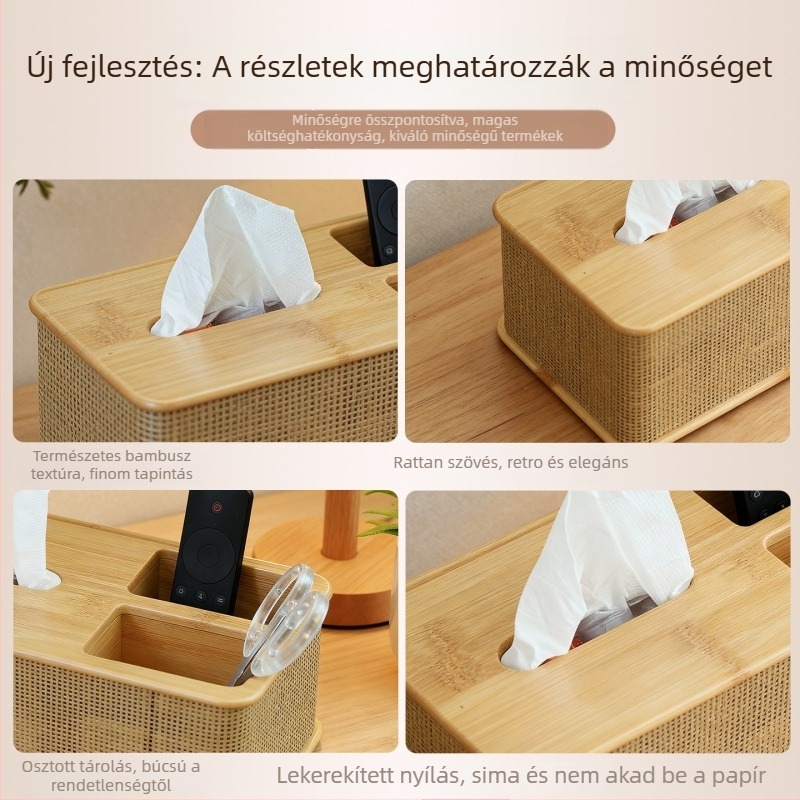 Moderne minimalist bambusz zsebkendő tartó távirányítóval, asztali vagy éjjeli szekrényhez, rugóval működő kinyitó mechanizmus