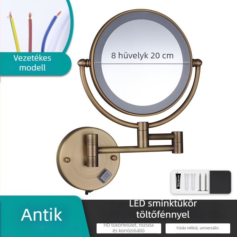 LED világítású összecsukható sminktükör, kétoldalas, nagyítással, fürdőszobai tükör