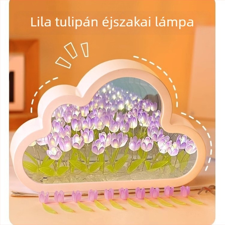 Felhő alakú tükör liliomokkal, DIY kézzel készített virágkompozíció, éjszakai fény, születésnapi ajándék egy legjobb barátnőnek