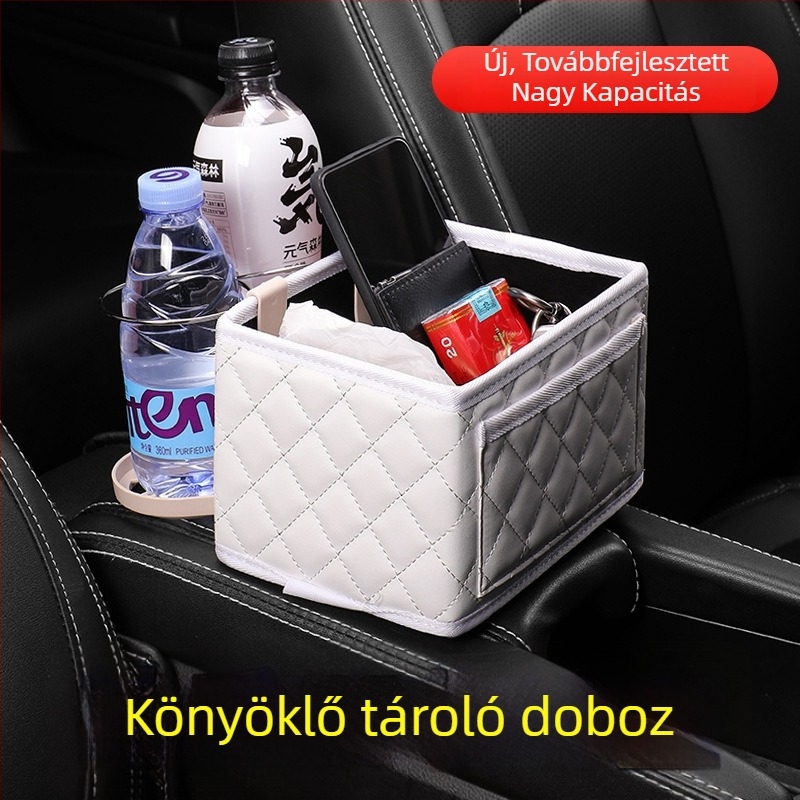Autóülés karfájához való tároló – pohártartó és zsebkendő tartó – többfunkciós belső tároló