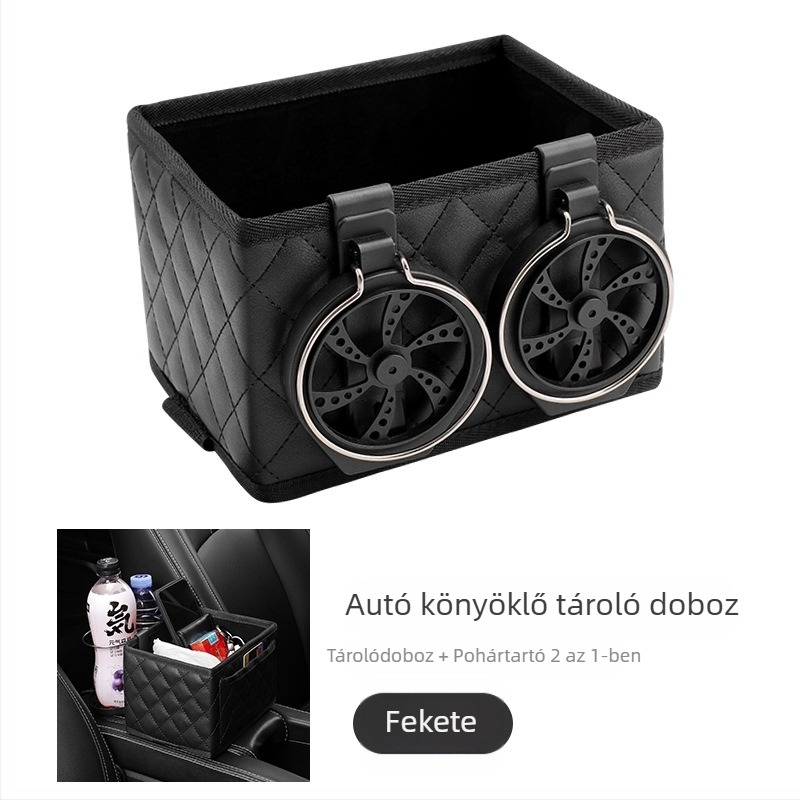 Autóülés karfájához való tároló – pohártartó és zsebkendő tartó – többfunkciós belső tároló
