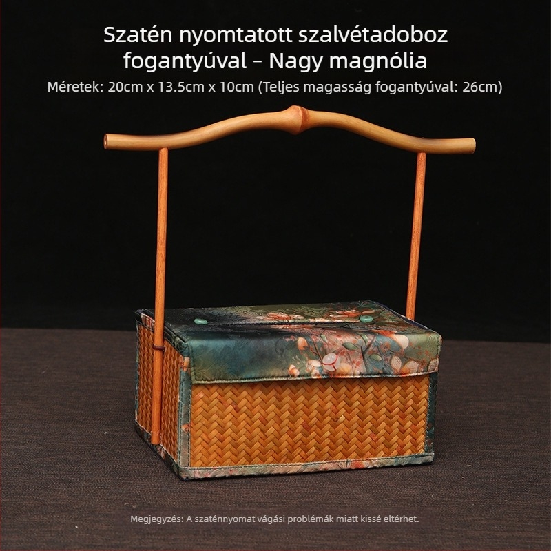 Kézműves, vintage lakkozott szatén felületű bambusz fogantyúval ellátott szalvétatartó doboz nyomtatott mintával