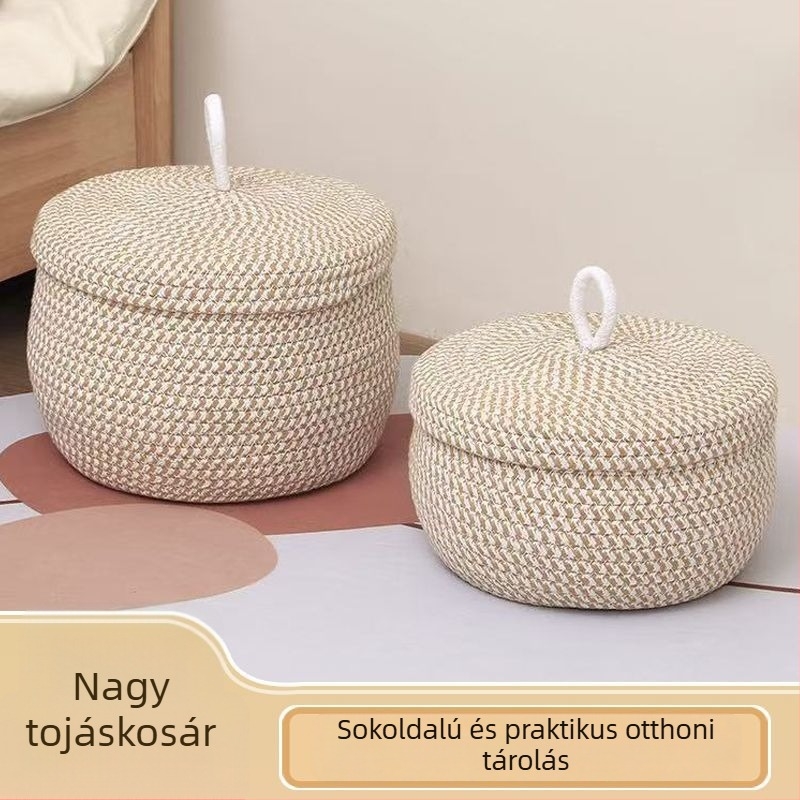 Kézzel szőtt, kör alakú asztali tároló kosár fedővel, kozmetikumokkal, kulcsokkal és nassolnivalóval