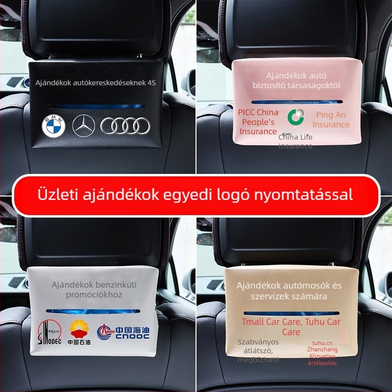 Bőr autózsebkendő-tartó, belső autókiegészítő, akaszttható a hátsó ülés fejtámlájához