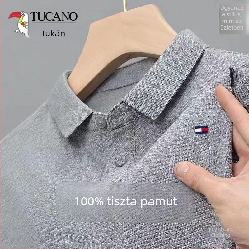 Férfi őszi hosszú ujjú polo, pamutkeverékből, galléros polo, laza szabás, geometriai minta, hímzett logó