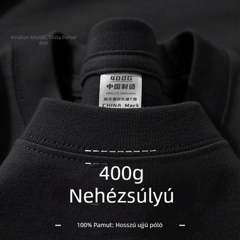 Férfi hosszú ujjú pamut T-shirt, sötétszürke, 400 g súly, laza szabás, egyszínű, vastag és átlátszatlan