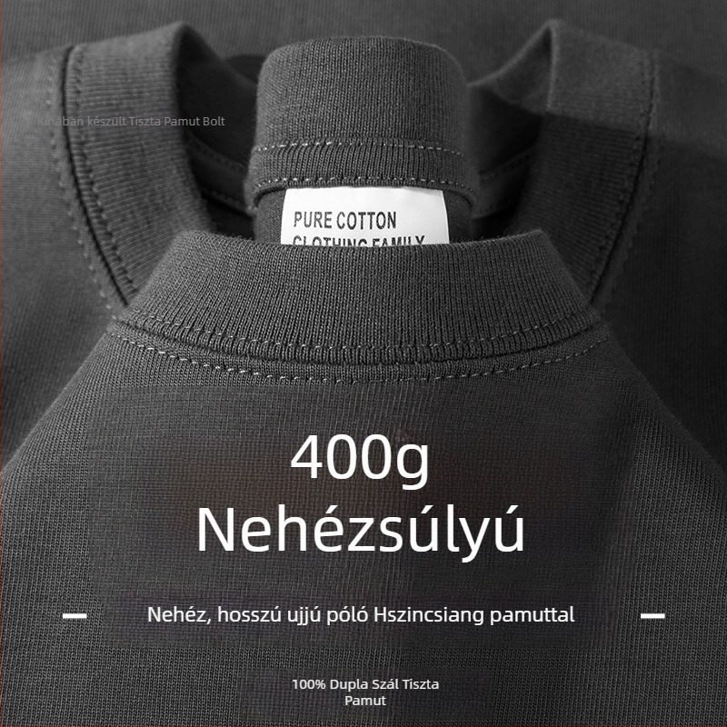 Férfi hosszú ujjú pamut T-shirt, sötétszürke, 400 g súly, laza szabás, egyszínű, vastag és átlátszatlan