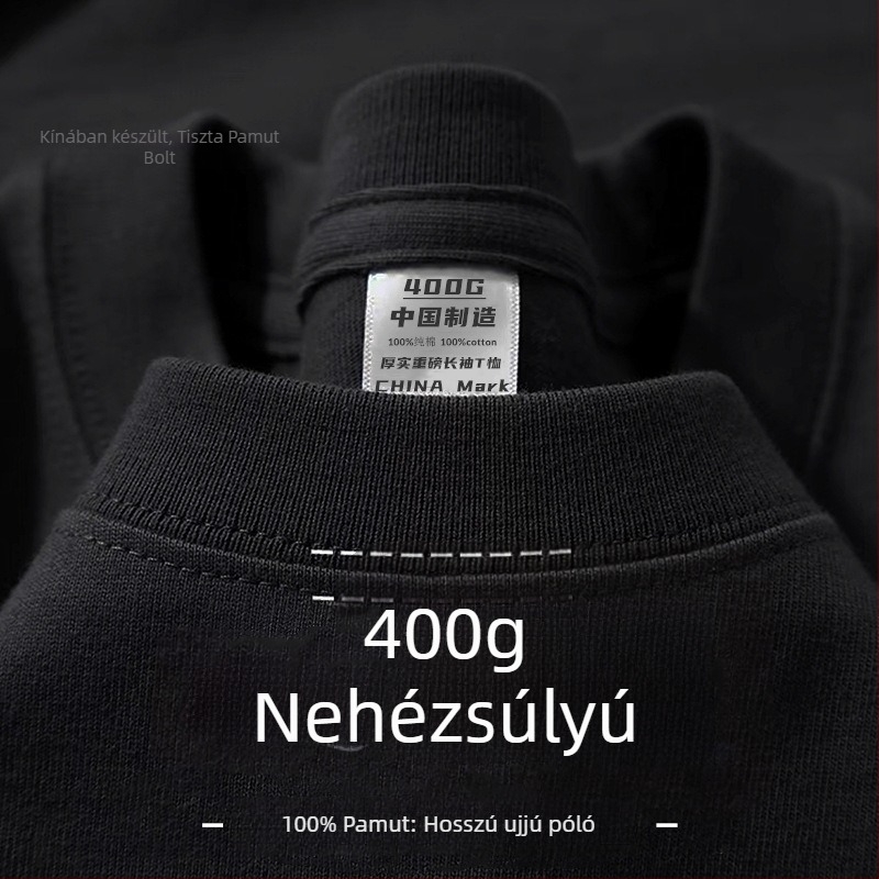 Férfi hosszú ujjú pamut T-shirt, sötétszürke, 400 g súly, laza szabás, egyszínű, vastag és átlátszatlan
