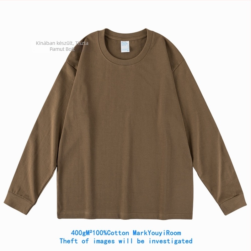 Férfi hosszú ujjú pamut T-shirt, sötétszürke, 400 g súly, laza szabás, egyszínű, vastag és átlátszatlan