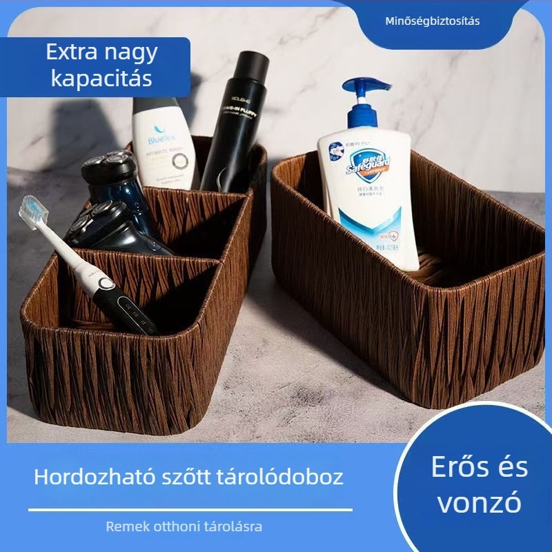 Rattan-stílusú kozmetikai és maszk tároló doboz, asztali rendezőkosár nassolnivalókhoz és apró tárgyakhoz