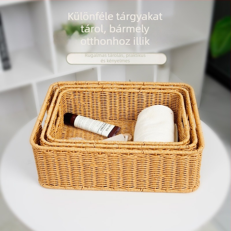 Új rattan tárolókosár beépített vas kerettel, modern minimalista stílusú otthoni rendező, kézzel készített