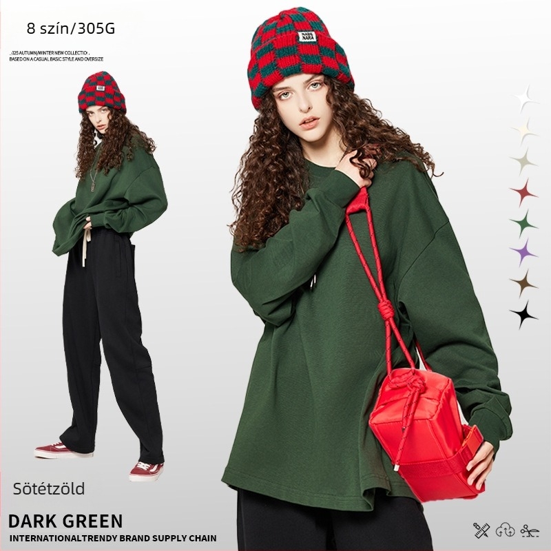 Férfi hosszú ujjú 305 g-os súlyos pamut felső, egyszínű, prémium alapréteg, amerikai streetwear stílus
