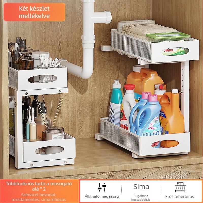 Két‑szintes állítható tárolóállvány fiókos kosarakkal, konyhába és fürdőszobába
