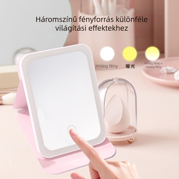 USB töltésű sminktükör, lehajtható fedéllel, háromszínű állítható világítással, asztali használatra