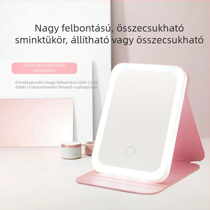USB töltésű sminktükör, lehajtható fedéllel, háromszínű állítható világítással, asztali használatra
