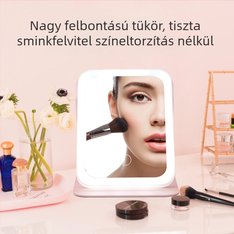USB töltésű sminktükör, lehajtható fedéllel, háromszínű állítható világítással, asztali használatra